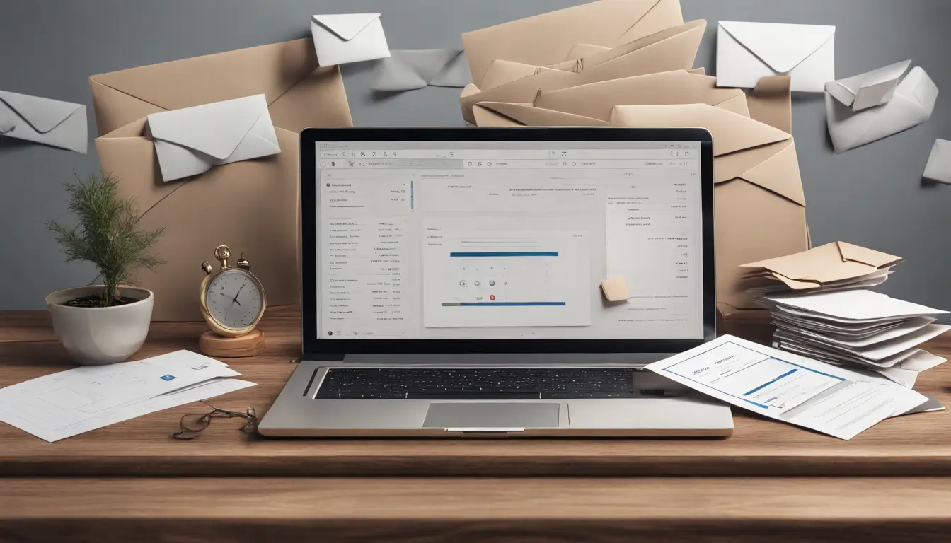 Imagem de uma mesa de trabalho com laptop aberto em cliente de e-mail, rodeado por envelopes diversos, balança digital e cronômetro.