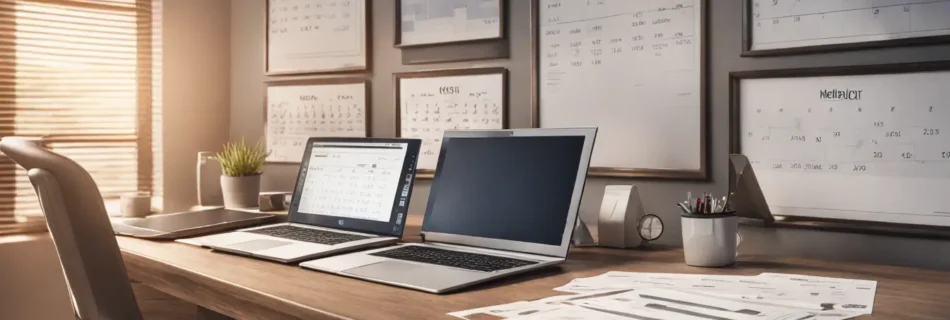 Imagem de um escritório com mesa de madeira, laptop mostrando gráficos e calendário digital, ideal para gerenciamento de cobranças efetivas.