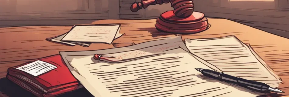Imagem de uma mesa de escritório com uma carta de notificação extrajudicial, caneta preta, carimbo de cera vermelho e envelope pardo, representando resolução eficaz de conflitos.