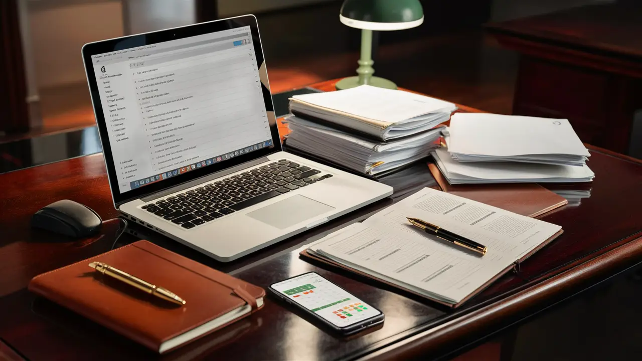 Close-up of a modern lawyer's desk with a laptop, legal documents, a pen, a smartphone, and a lamp.