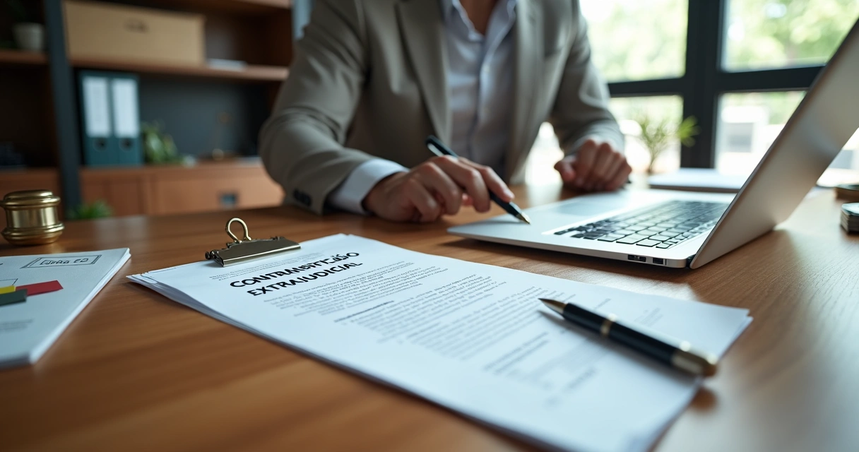 Advogado analisa contranotificação extrajudicial impressa ao lado de tela com e-mail registrado