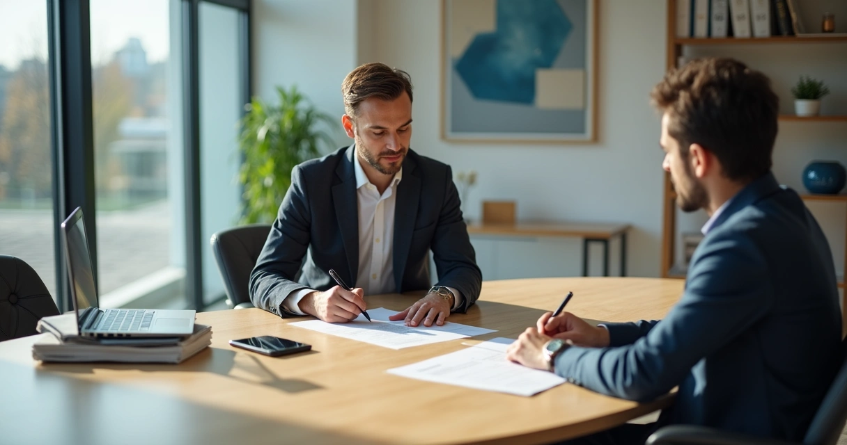 Advogado em reunião cordial de cobrança com cliente no escritório