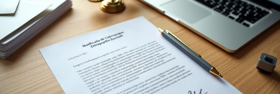 Mesa de escritório com carta de cobrança extrajudicial impressa ao lado de notebook e caneta