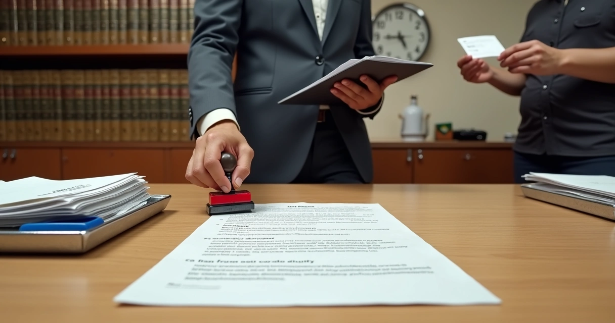 Atendente de cartório carimbando notificação extrajudicial no balcão