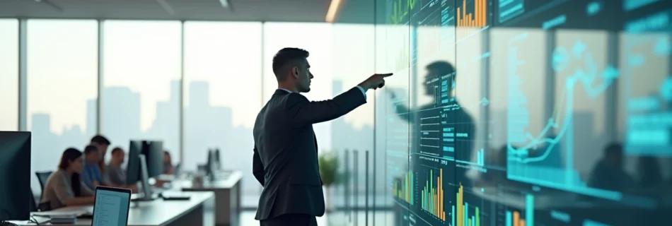 Profissional analisando mural transparente com gráficos de cobrança e prazos