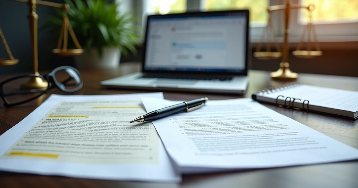 Mesa de advogado com documentos de contranotificação extrajudicial lado a lado