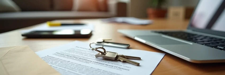 Envelope de notificação sobre a mesa em frente a chaves de imóvel