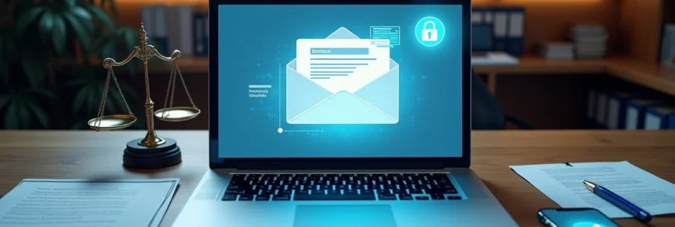 Mesa com notebook exibindo notificação extrajudicial por e-mail e símbolo de certificação digital em destaque