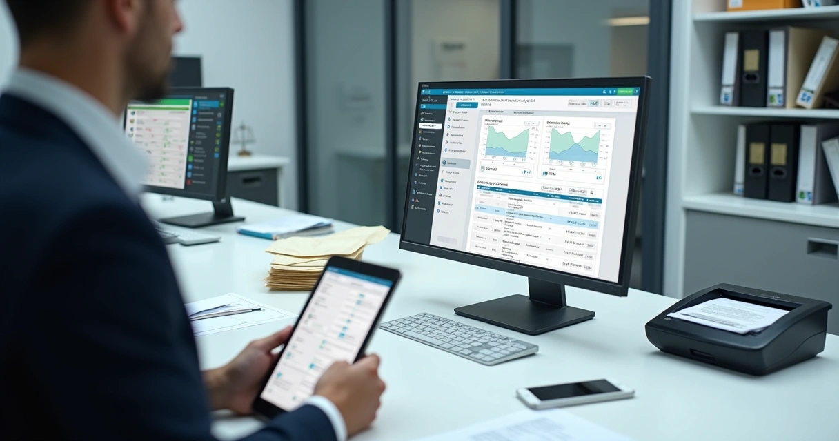 Advogado organizando cartas e e-mails de cobrança em painel digital