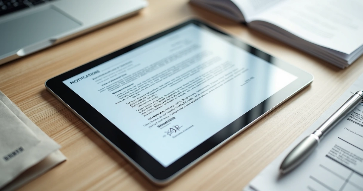 Documento jurídico de notificação extrajudicial de cobrança exibido em tablet sobre mesa de trabalho