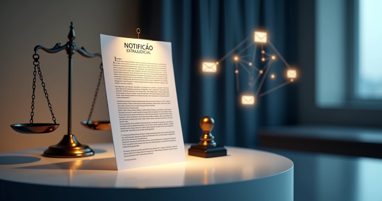 Documento de notificação extrajudicial em destaque diante de balança e carimbo jurídicos