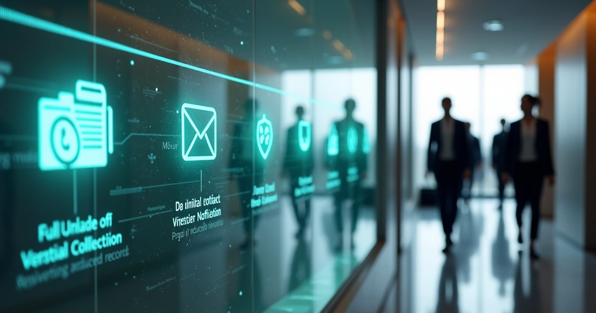 Linha do tempo visual do fluxo de cobrança extrajudicial com ícones de documentos e tecnologia